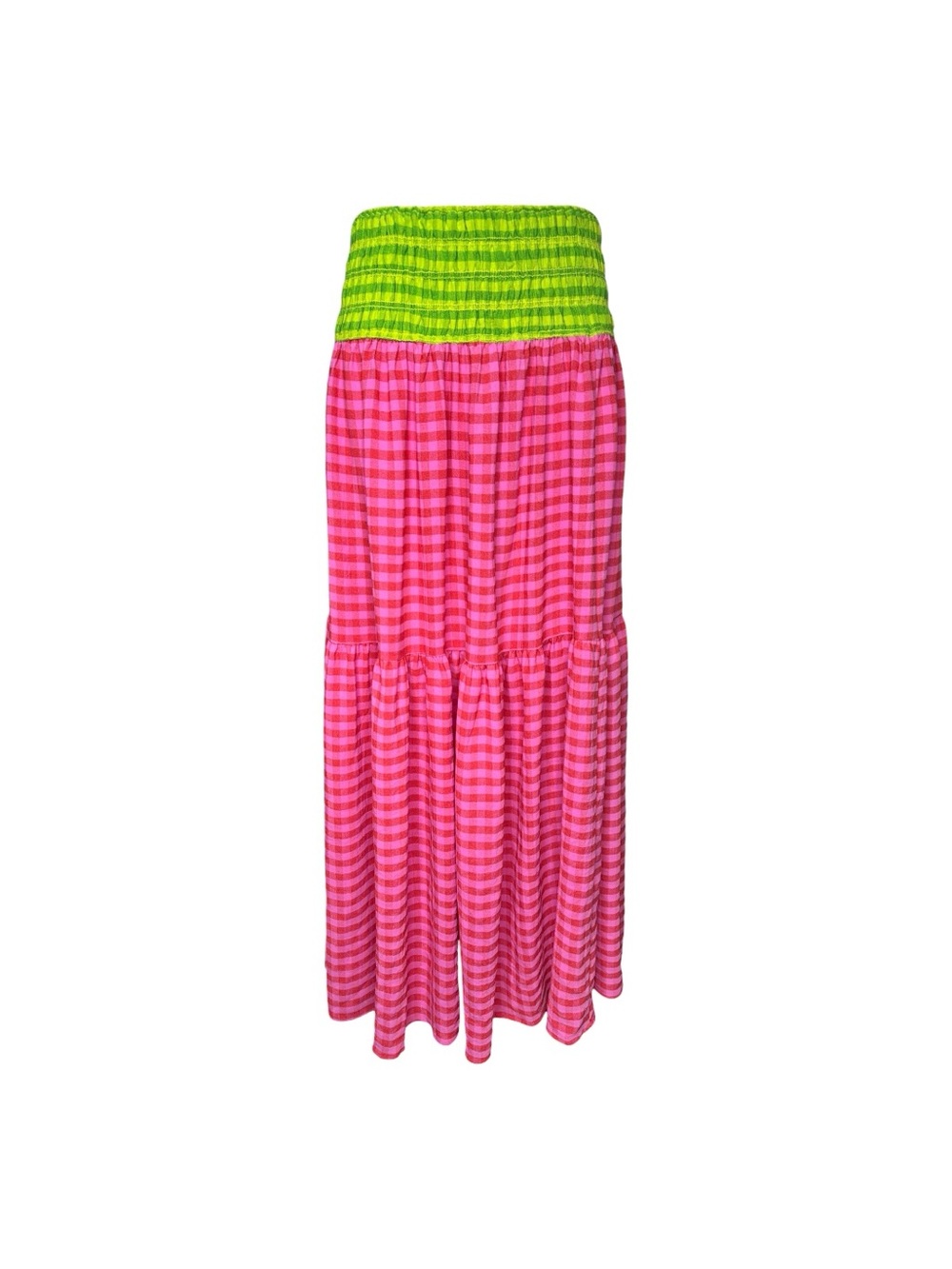 Karlie Smocked Waist Pink Gingham Stripe Maxi Skirt w/ Lime Green Size Large